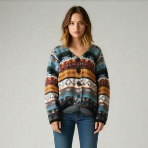 Vintage Multicoloured Italian Nordic Cottagecore Wool Knit Cardigan Size Medium